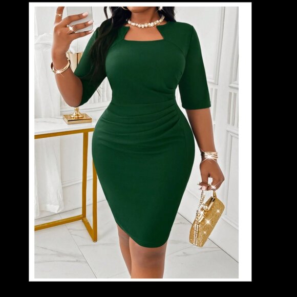 SHEIN 2X HEIN Lady Autumn And Winter Elegant Green Knitted Ruched Midi Long Slee - Picture 2 of 4